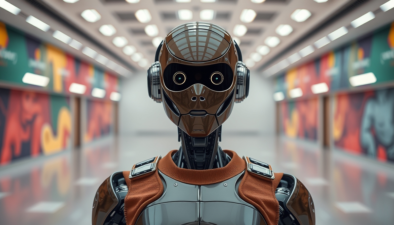 Photo portrait of a robot AI in a trendy brown outfit, isolated in an empty space with a colorful background, 8k UHD, highly detailed. - Image