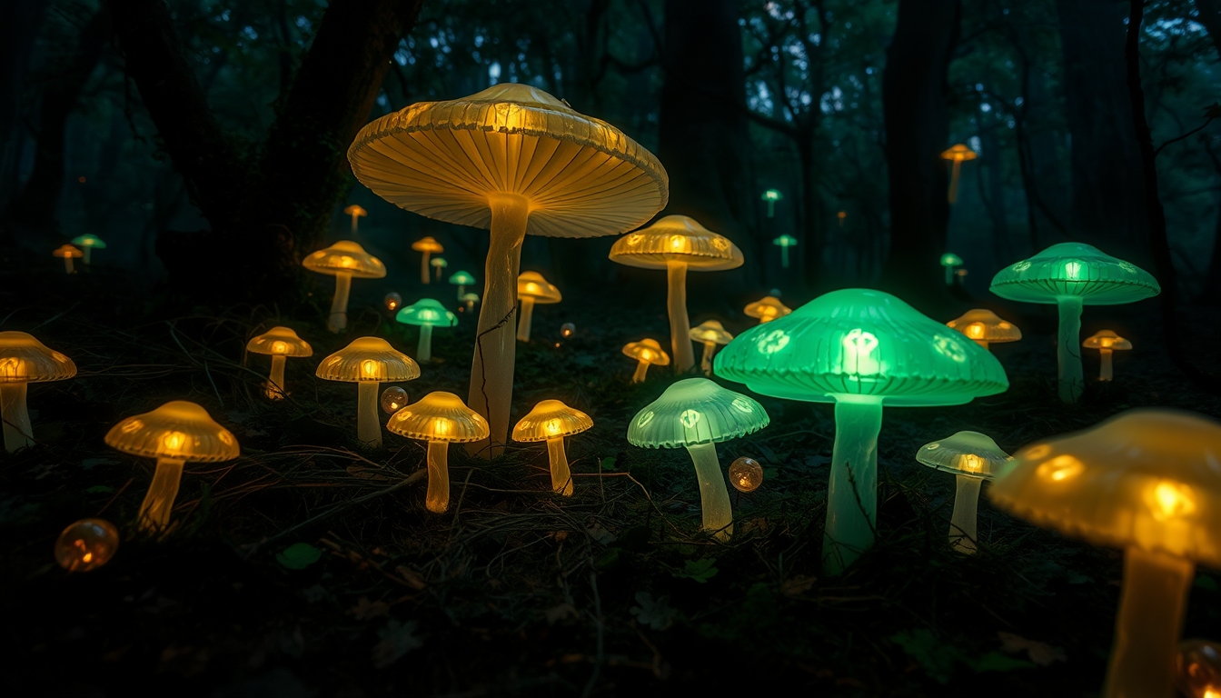 A magical forest with glowing glass mushrooms scattered around. - Image