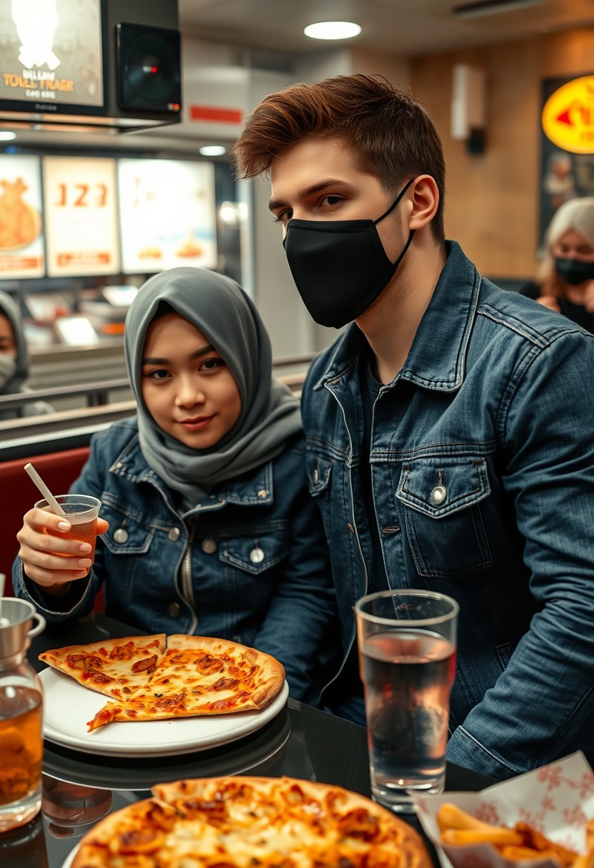 Jamie Dornan's head and body shot, handsome, young, black face mask, blue jeans jacket, jeans, dating a Muslim girl in a grey hijab with beautiful eyes, black face mask, black leather jacket, biggest floral skirt, at a hot pizza fast food restaurant, plate of cheese pizza slices, plate of Korean fried chicken and fries, glass of soft drink, eating with three other random smiling friends in the background, photorealistic, hyper-realistic, street photography.