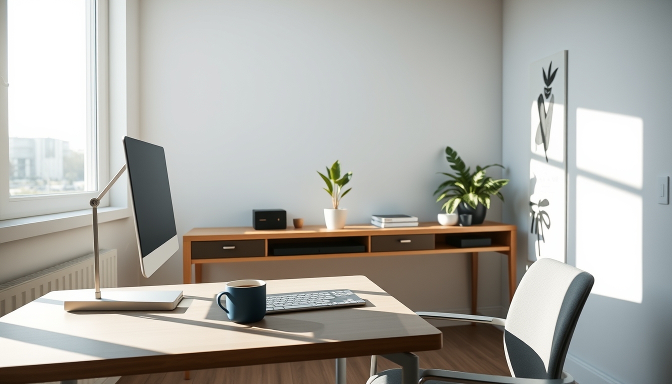 A sleek, modern home office setup bathed in natural light, with a single potted plant and a cup of coffee on the desk, emphasizing simplicity and productivity.