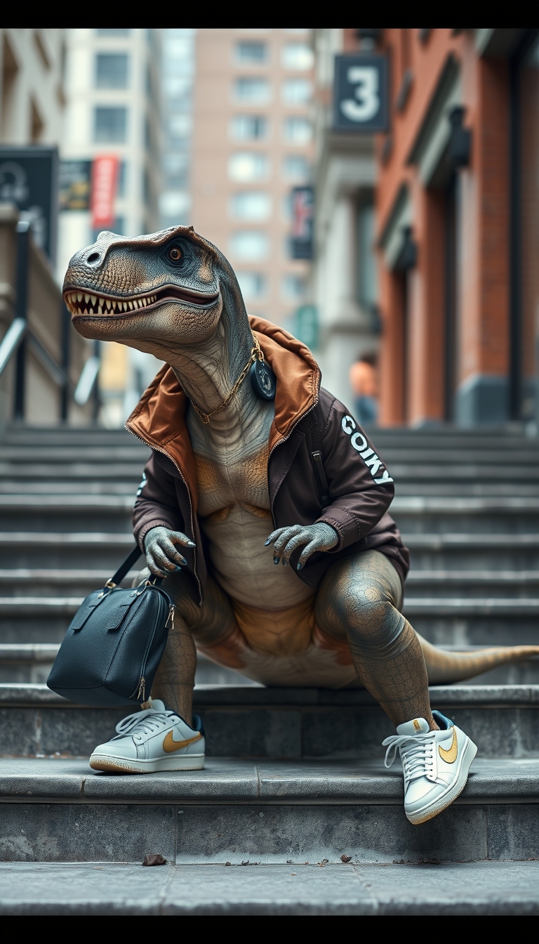 anthropomorphic, a Dinosaur T-rex wearing dark brown flight jacket, and white sneakers, with COACH bag, against an urban street background with wide depth of field, sitting on the stairs, adorned with mori style stripes, portraying a street life scene with a hip-hop flair, master shot, 4K - Image