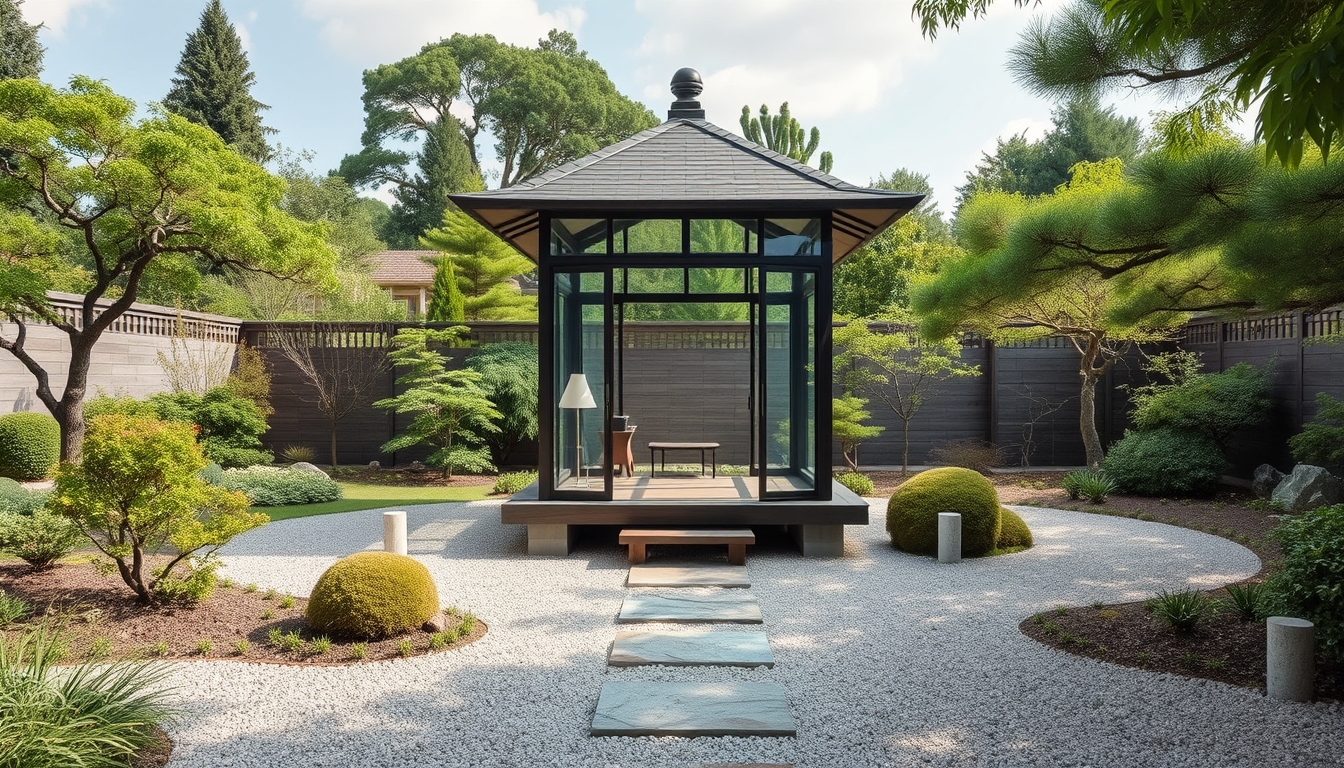 A tranquil zen garden with a glass meditation pavilion at its center. - Image