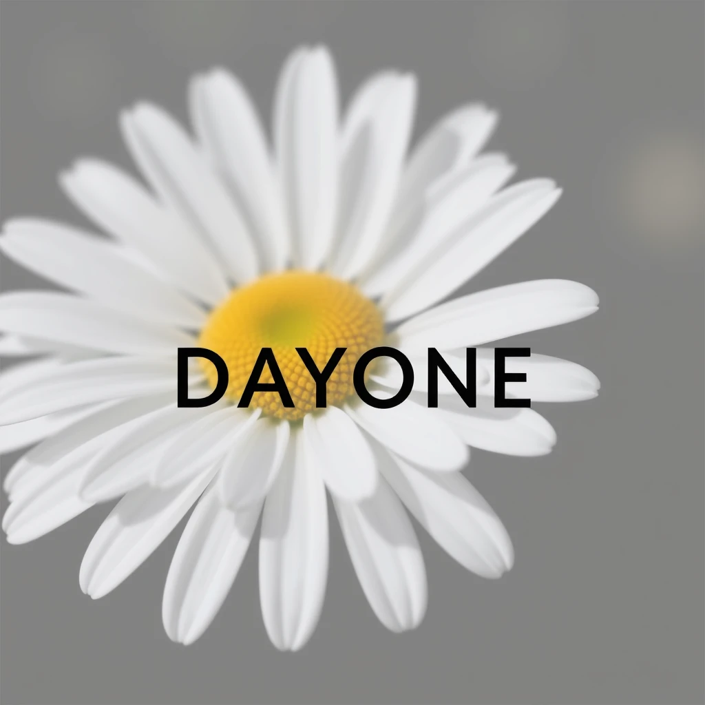 daisy background, text "DAYONE", logo, simple