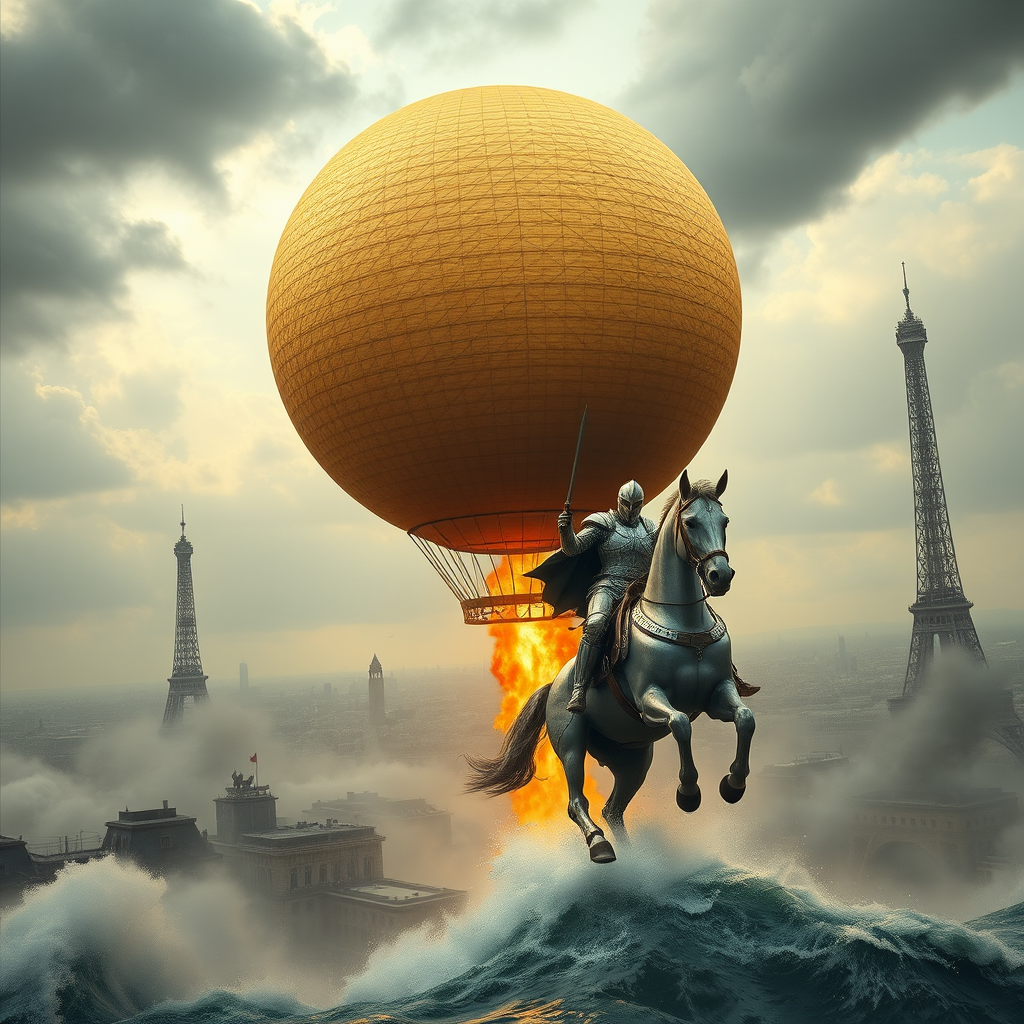 A giant perfect golden sphere with a fiber texture flies above in the sky, supported by a giant flame underneath, elevating the sphere like a hot air balloon, floating over vintage Paris in the style of the universal exhibition of 1900, featuring a retro-futuristic aesthetic of the Eiffel Tower. Giant waves flood the city as a knight of the apocalypse rides a silver mechanical horse clad in silver armor, galloping through the water beneath a stormy sky, evoking themes of doomsday and the apocalypse. The scene reflects steampunk elements, with backlighting, mist, and fiery ambers, creating a perspective that blends pop rock, fluorescent collage, sci-fi, steampunk machinery, and an extra layer of dust particle clouds, rendered in octane with a mix of paper art and ink art reminiscent of Méliès and Jules Verne.