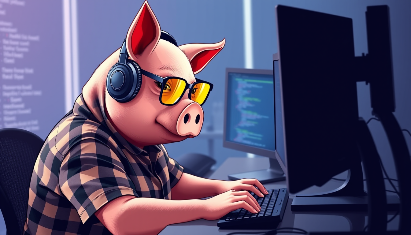 A tech-savvy pig coder, wearing yellow-tinted glasses and sleek noise-cancelling headphones, hunches over a cutting-edge multi-monitor setup. The anthropomorphic pig exudes focus, typing furiously. He is dressed in a plaid t-shirt.