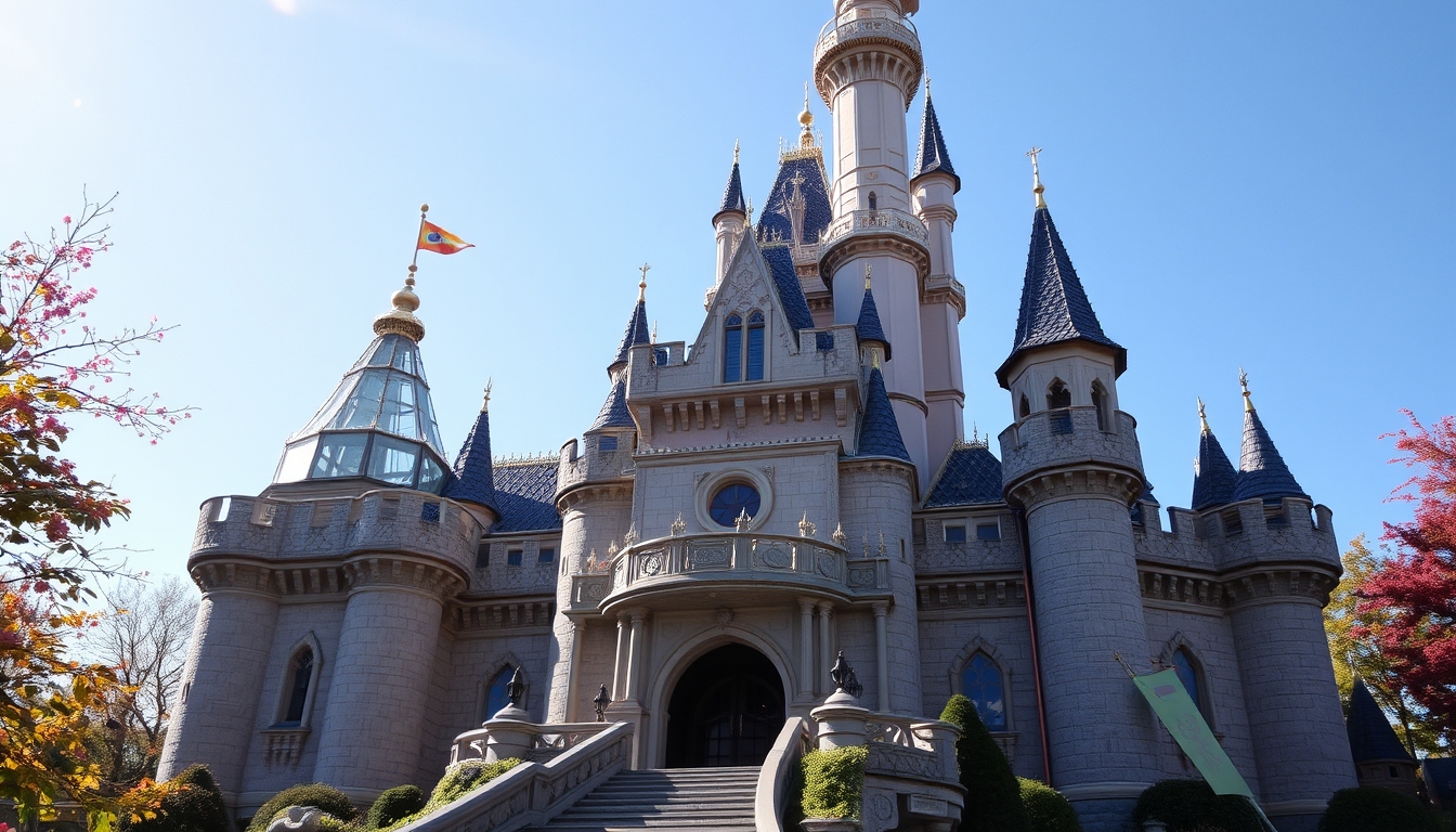 A whimsical fairy tale castle with glass turrets sparkling in the sunlight.