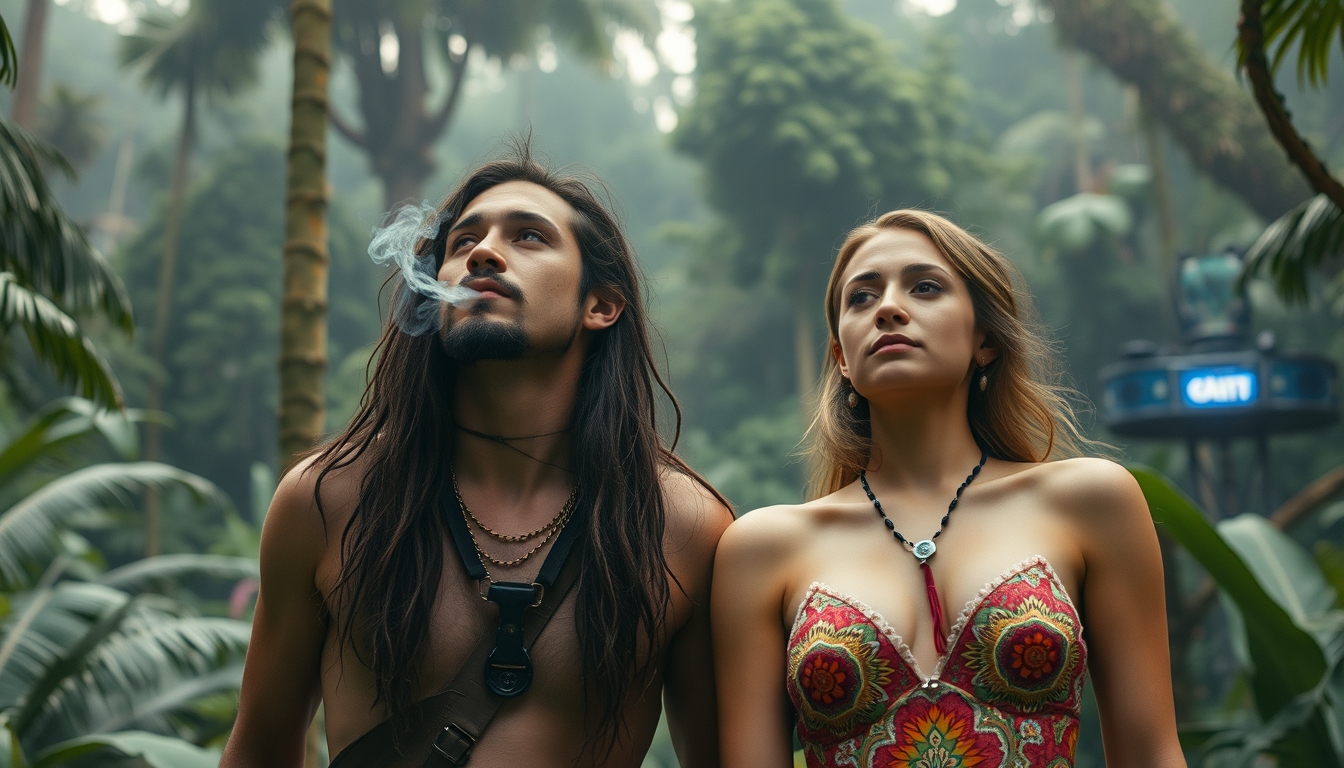 A male and female go on a spiritual quest in the Amazon Jungle and have a psychedelic experience by smoking mushrooms. They journey to the center of the jungle and find a futuristic city that has robots selling cigarettes. - Image