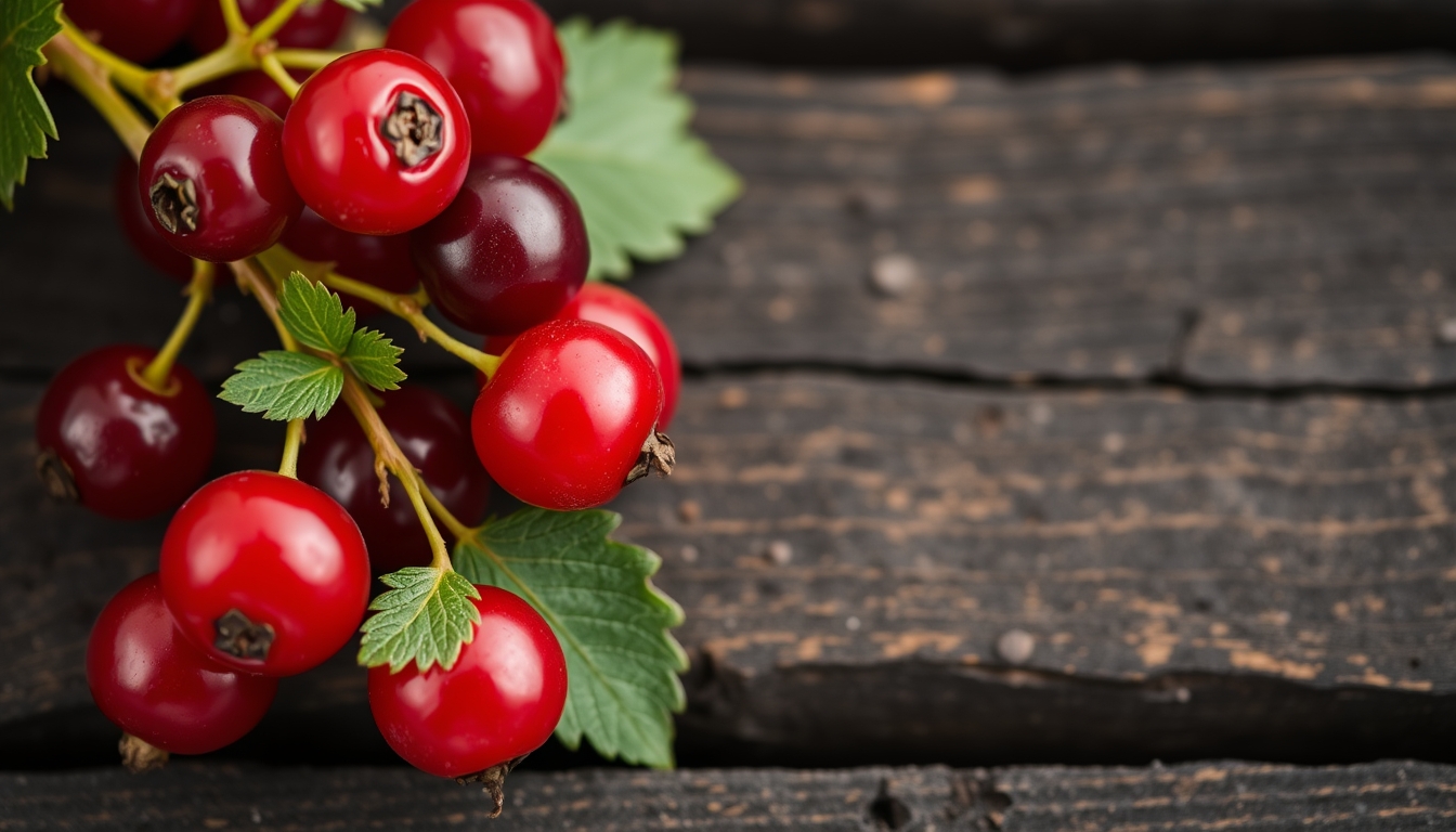 Red currant berry close up on dark wooden planks.