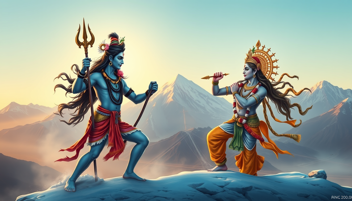 God Shiva and God Krishna, fighting, Kailash Mountain, trident, Sudarshan Chakra, snowy, quality, detailed. - Image