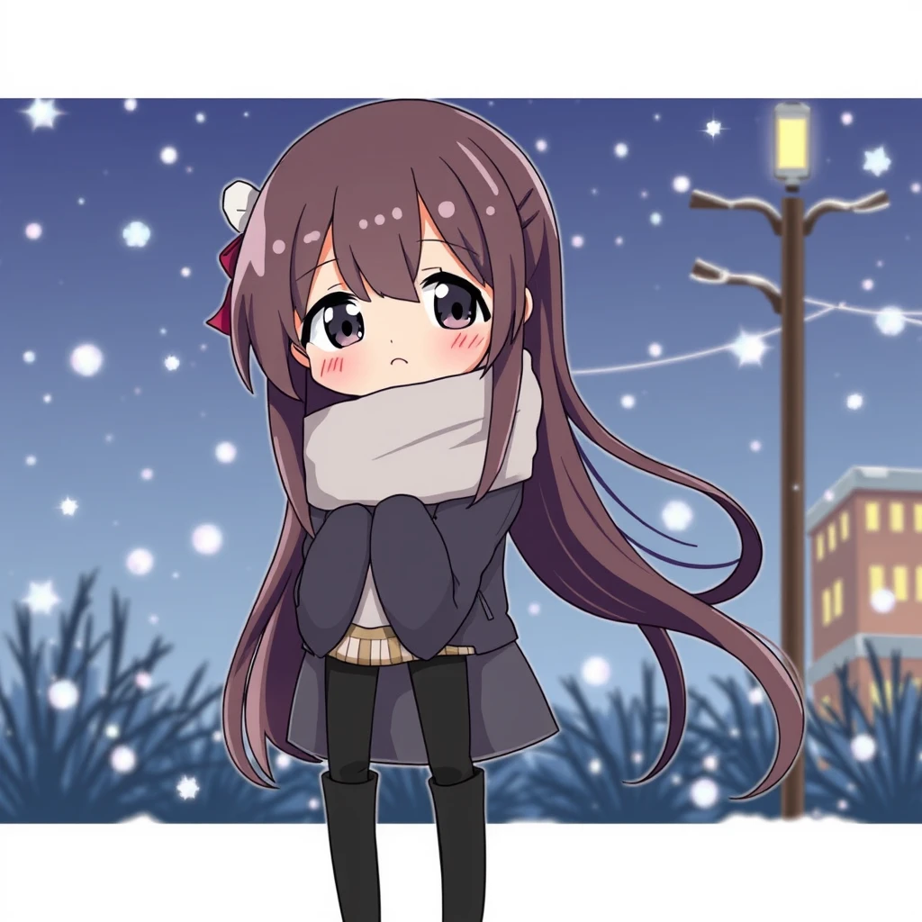 A cool cartoon girl with long legs and a beautiful face on a cold winter night, in Japanese style. - Image