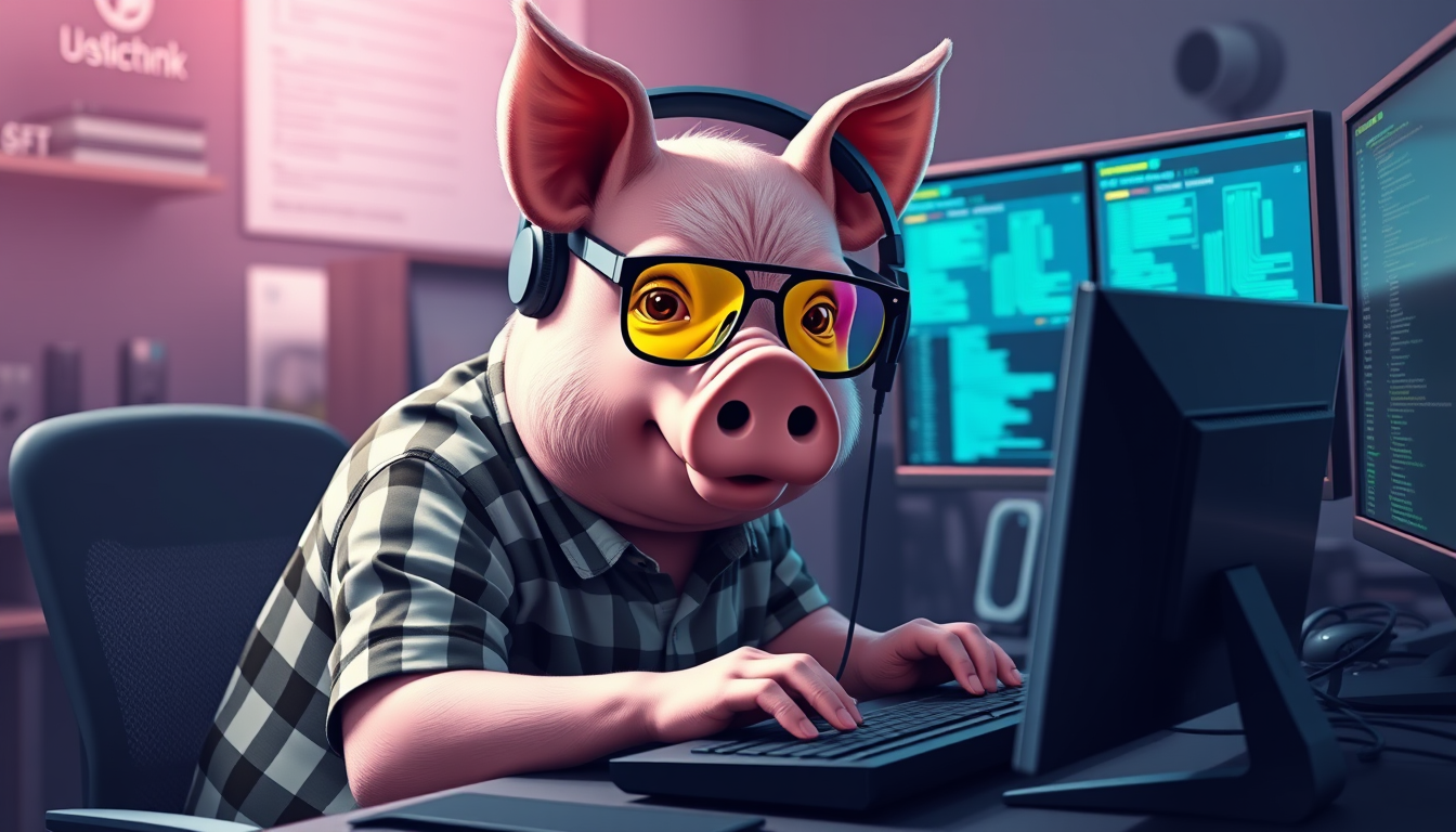 A tech-savvy pig coder, wearing yellow-tinted glasses and sleek noise-cancelling headphones, hunches over a cutting-edge multi-monitor setup. The anthropomorphic pig exudes focus, typing furiously while dressed in a plaid t-shirt.