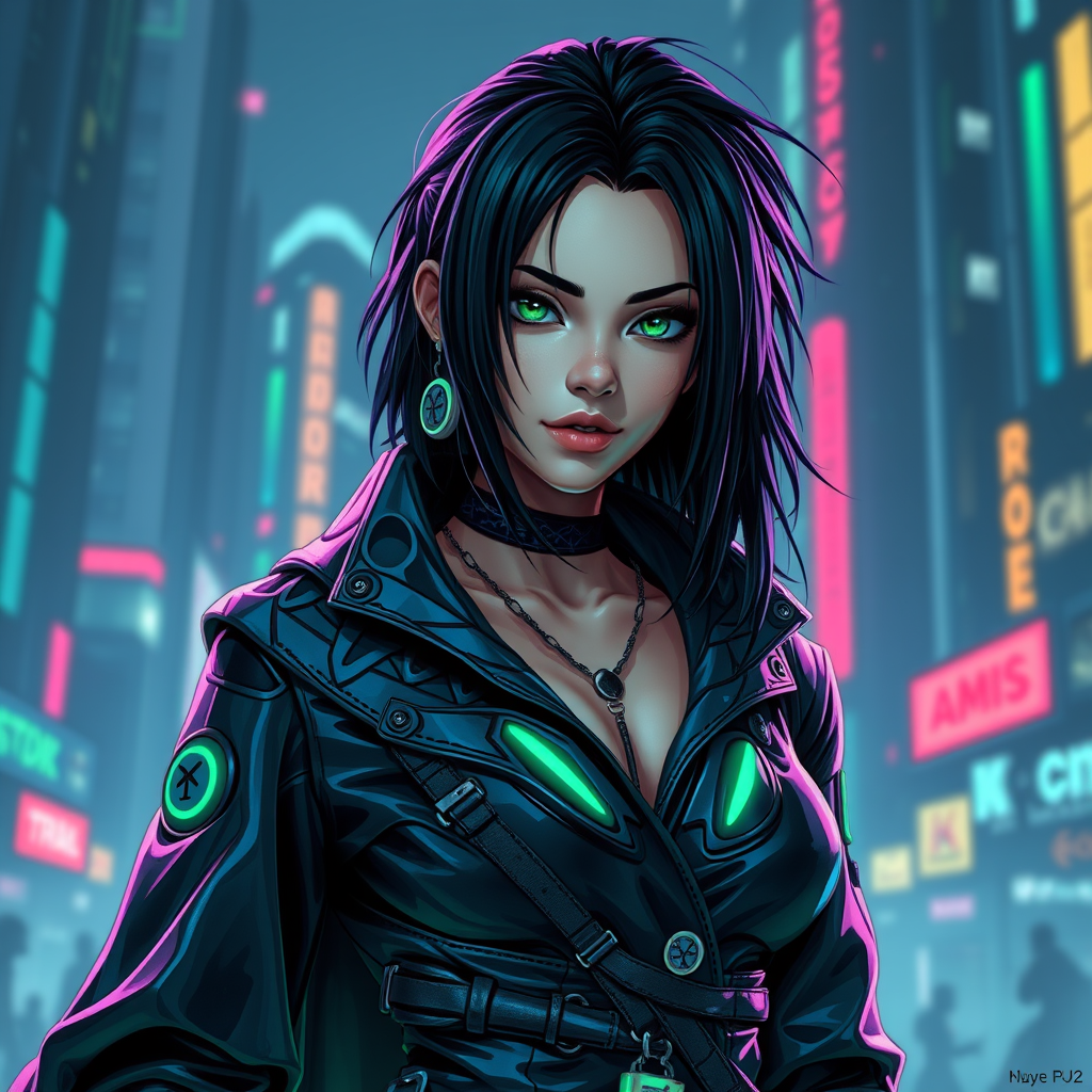 Cyber style of women warrior with rugged black hair and cybernetic implants | merging leather garments with futuristic cyberpunk elements | flowing robes and high-tech armor plating | dystopian cityscape background | in deep blue and neon green. hyper-real , 8k , AR , cute face style, no up. - Image