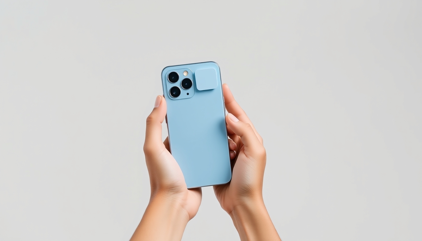 A marketing image showing a person holding a light blue smartphone with a rectangular attachment on the back. The phone has three camera lenses in the upper corner. The background is minimalist and light gray, creating a clean and modern aesthetic. The person's hands, slightly tan, hold the phone in a landscape orientation, as if taking a photo or video. - Image