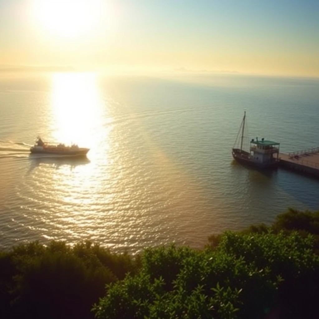 In the early morning, the golden sunlight spreads across the sea, shimmering and bright, with the dock in the background as ships slowly set sail, leaving white trails behind. The sea smiles, with a distant view of Changzhou Island, its emerald outline shrouded in morning mist. The beauty of nature is evident as green vegetation and azure waters complement each other, with the fresh seawind carrying the scent of the earth, refreshing and invigorating. Golden patches of light create a hazy mystery, showcasing a striking contrast.