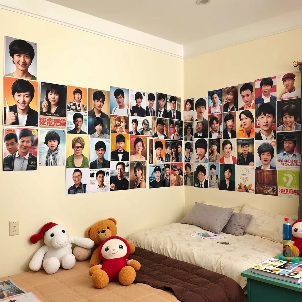 In a room, one wall is covered with many posters of Hong Kong stars, including Vivian Chow, Leon Lai, Leslie Cheung, Aaron Kwok, Faye Wong, and Zhu Yin, among others. The room is very spacious, with plush toys on the bed and some school supplies on the table.