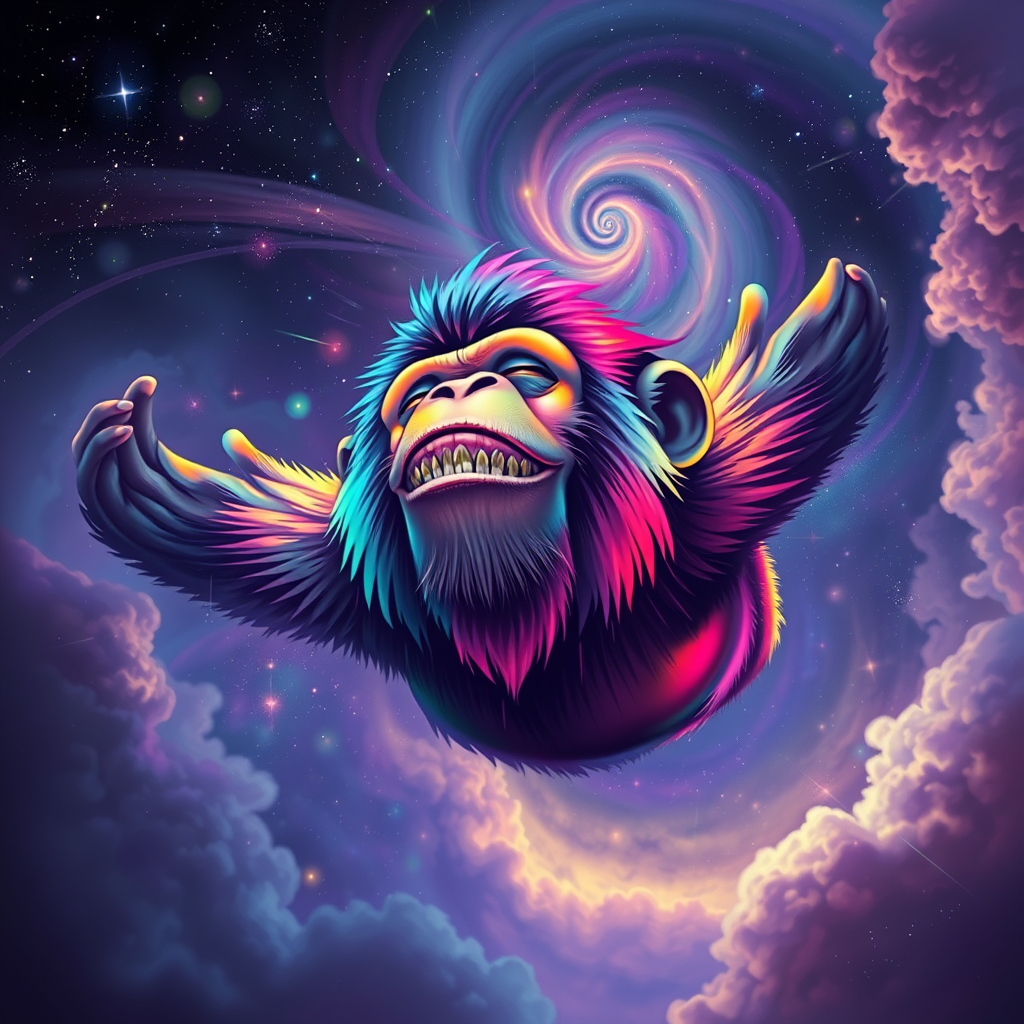 A captivating digital painting of a happy ape soaring through a dreamy, cosmic landscape. The ape sports a vibrant rainbow color palette, with flashes of color interspersed throughout the scene. The background features a starry cosmos with swirling galaxies and nebulas. The ape's eyes are closed, exuding a serene expression, while its serene smile is a testament to its peaceful state. The glitchy edges, fading to black, add a unique and striking touch to the design. The subtle acid rainbow cubic glitch effect adds depth and visual intrigue to this mesmerizing, dreamy tee shirt design.