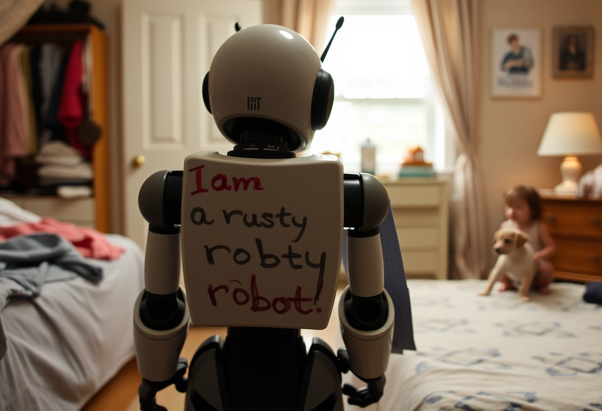 In the distance, there is a robot folding clothes in the bedroom, while a small child is playing with a puppy nearby. The robot has the child's scribble on it that says, "I am a rusty robot."