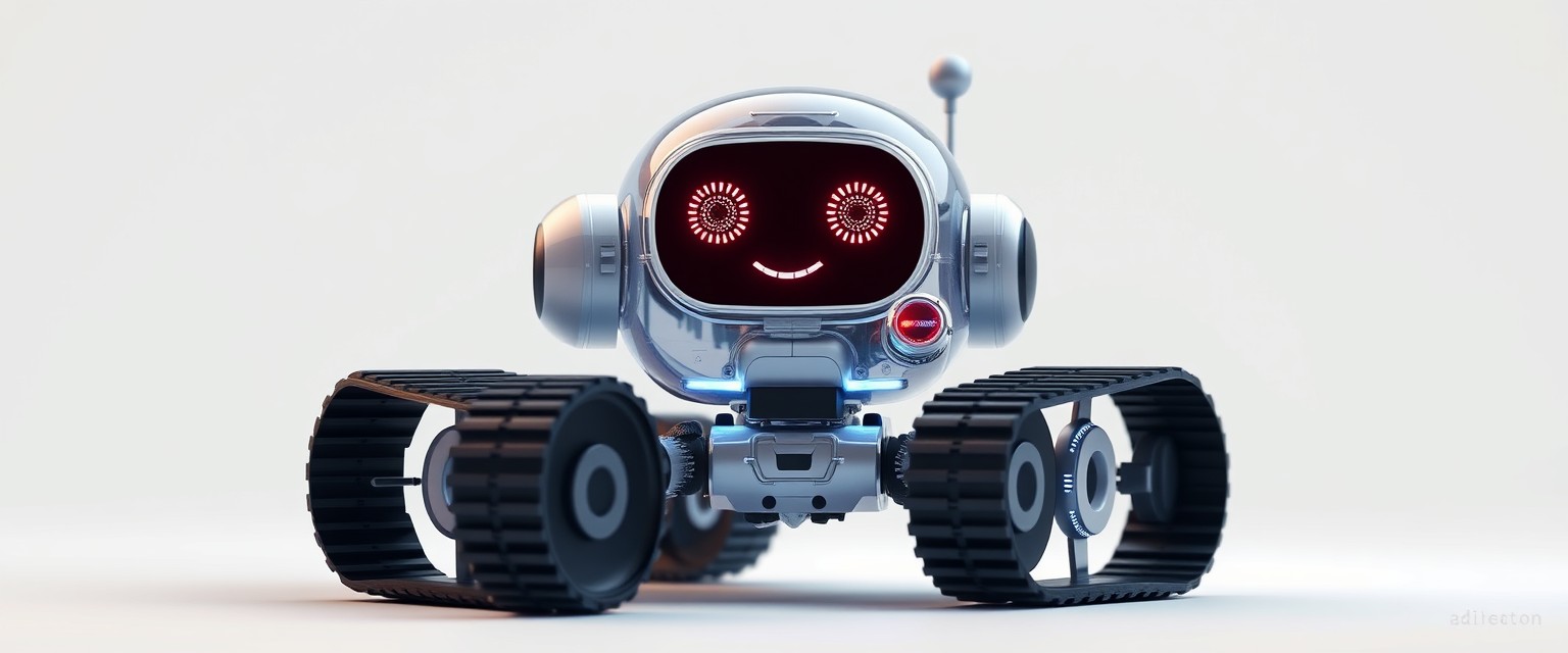 Cute aesthetic, a small and cute semi-transparent tracked robot with an LED screen face, emoticon, stunning unreal engine render, intricate details, simple background. - Image