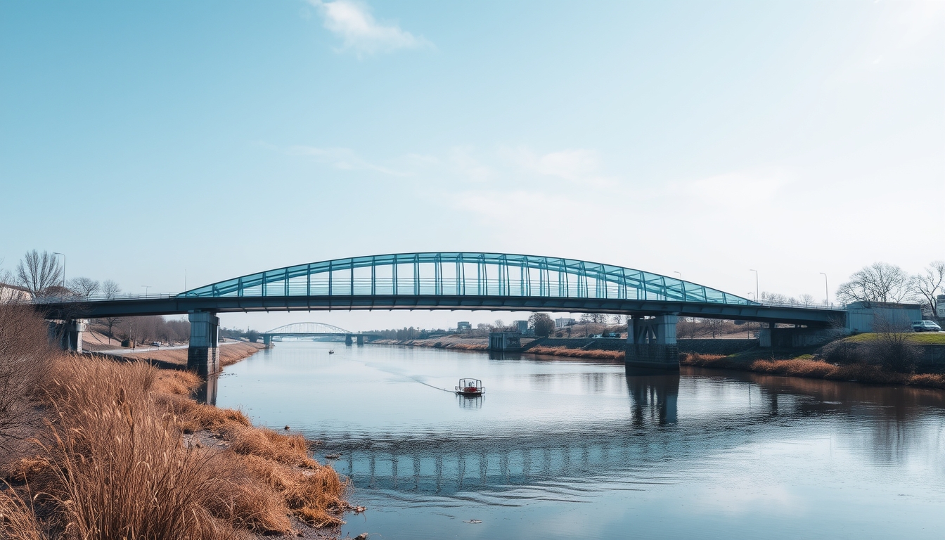 A serene river scene with a glass-bottomed bridge crossing over it.