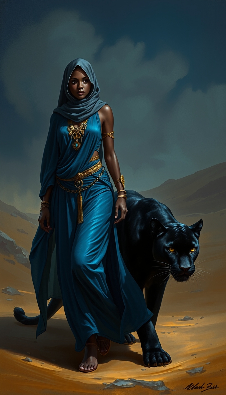 A full body shot of a woman in blue, walking with her black panther through the desert. She is wearing golden jewelry and has dark skin. She wears a hijab covering half her face. Night, dark noir. A fantasy art style painting in the style of concept art for a game, fantasy character design. - Image