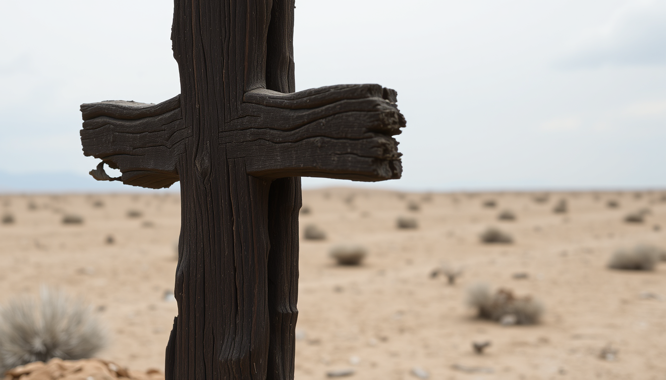 An old dilapidated wooden cross planted in the middle of a barren desert landscape. The cross is made of dark wood and appears to be old and weathered, with a rough texture and deep grooves. The surface of the wood is rough and uneven, with some areas of the surface appearing darker and more jagged. It is standing upright on the right side of the image. The overall scene is desolate.