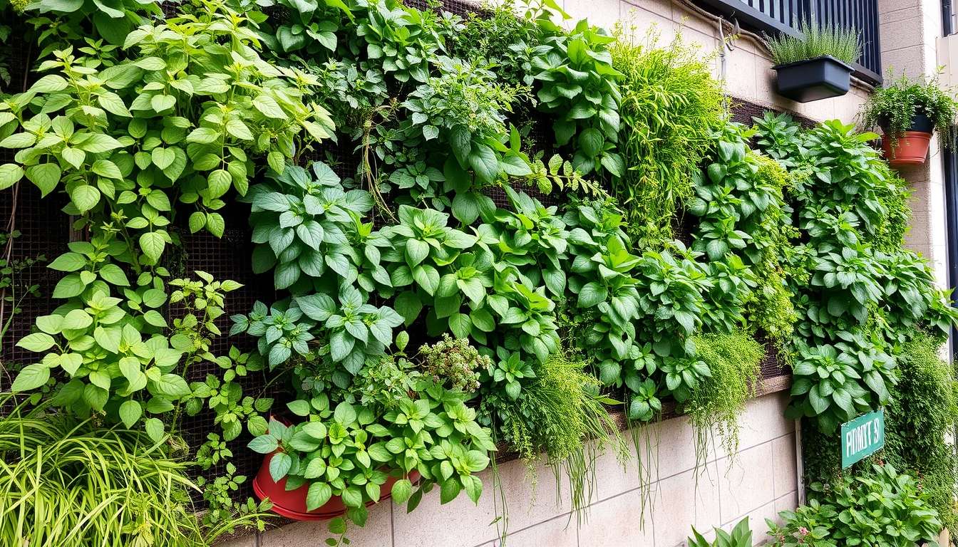 Vertical garden in an urban setting, lush with various plants and herbs.