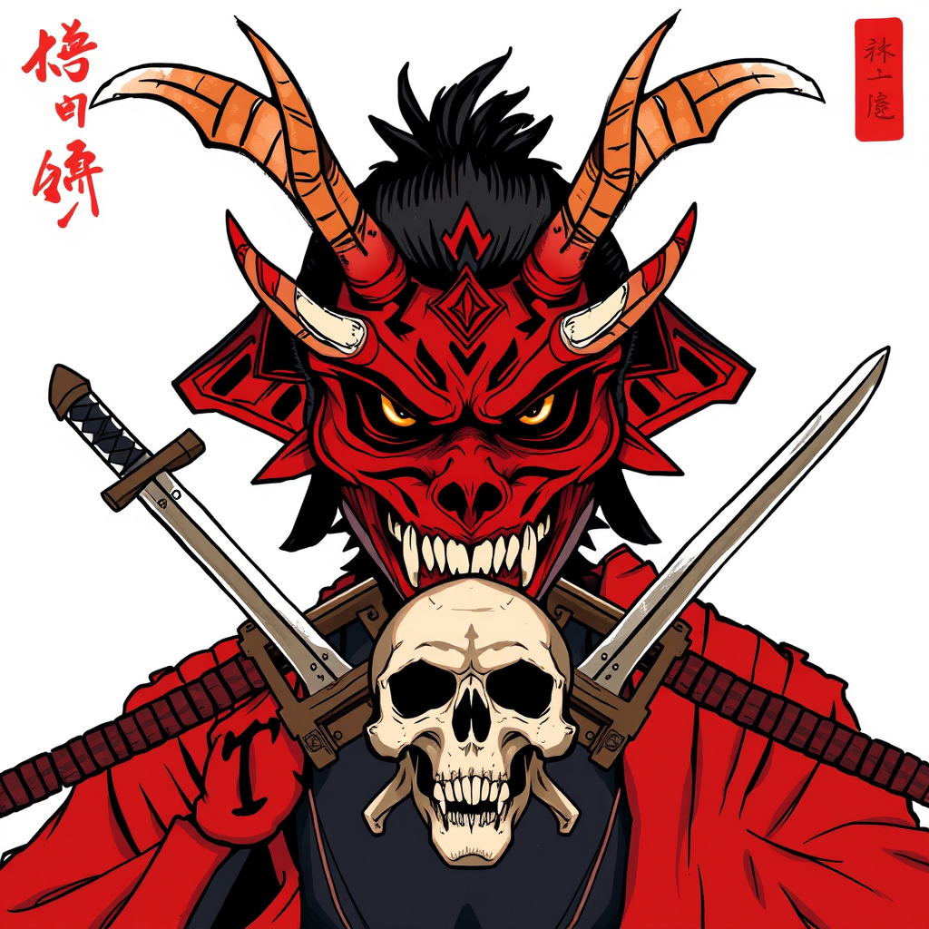 Illustration of a demon with two swords and a skull, demon samurai mask, oni mask, villain wearing a red oni mask, samurai mask, samurai with demon mask, demon samurai, demon samurai warrior, oni horns, inspired by Ryūkōsai Jokei, Japanese art style, inspired by Kawanabe Kyōsai, Mysterious. - Image