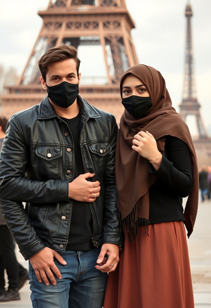 Jamie Dornan, handsome, black face mask, black leather jacket, jeans, dating, love couple with the biggest hijab Muslim girl, beautiful eyes, black face mask, denim jacket, biggest skirt, wedding rings, Eiffel Tower, realistic, street photography. - Image