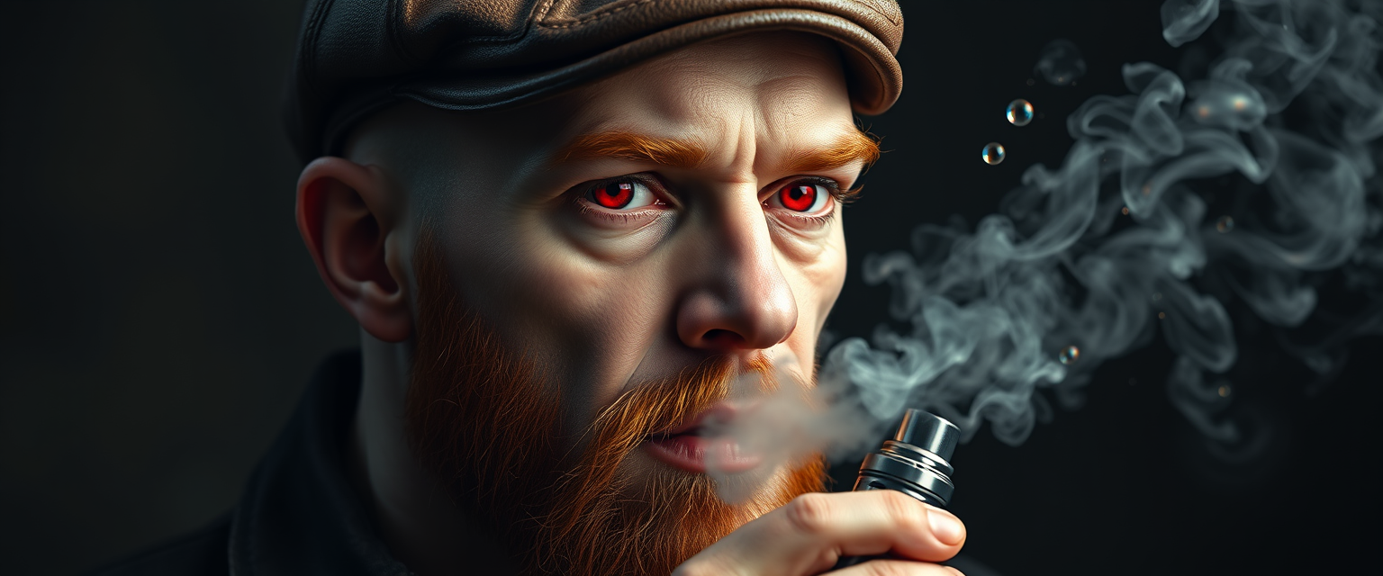 Hyper-realistic three-quarter portrait of a demonized white male, bald with meticulously detailed ginger stubble, wearing a worn leather flat cap. Piercing red eyes gleam as he exhales dense, swirling vapor clouds from an intricately designed chrome vape mod. Iridescent e-liquid droplets suspended mid-air.