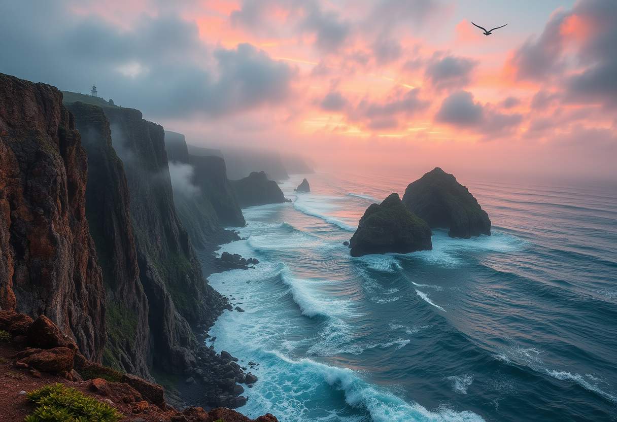 Awe-inspiring, rugged coastline, rocky cliffs, crashing waves, high quality, photorealistic, dramatic, wild, seagulls, stormy, panoramic, breathtaking::1.2 tide pools, sea stacks, hidden caves, coastal hiking trails, lighthouse, mist, vibrant sunset. - Image