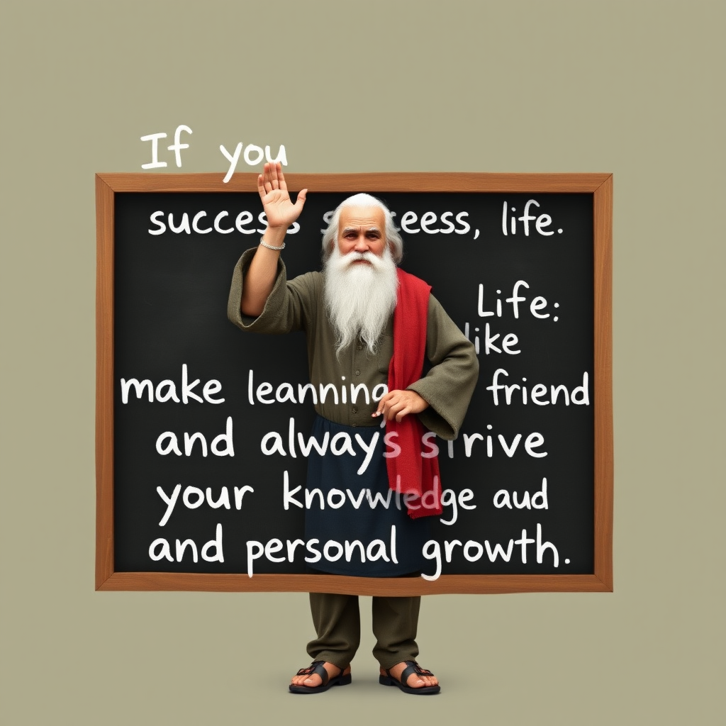 Create an image of an old wise man standing on a board that writes "If you want to succeed in life, make learning your friend and always strive for your knowledge and personal growth".