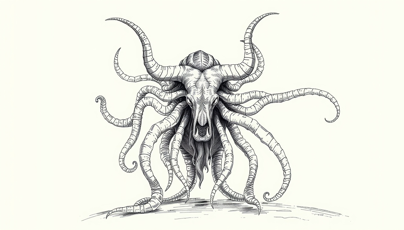 Horror monster created by H.P. Lovecraft, drawing, many tentacles and the head of a bull, full body, raw drawing. - Image