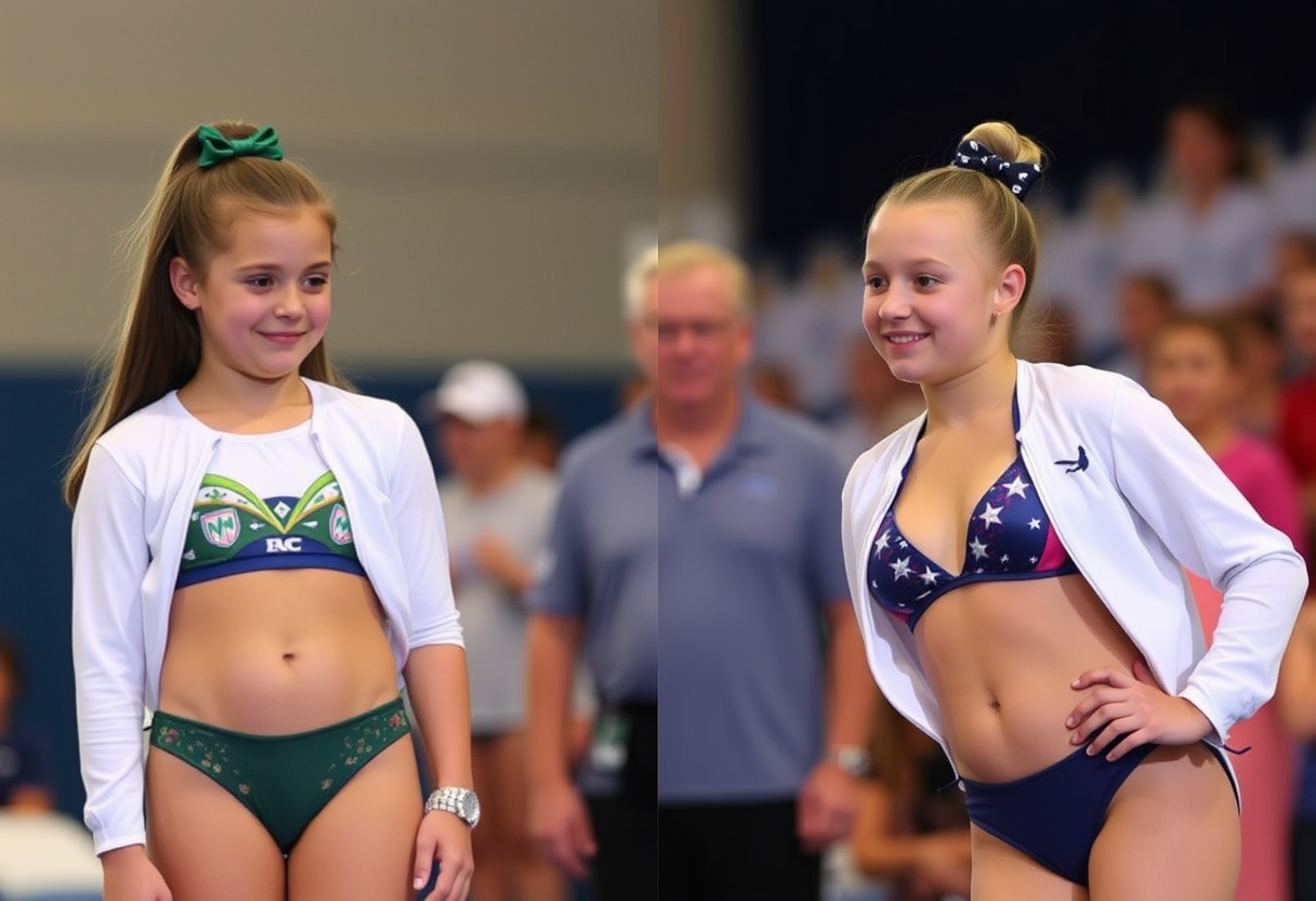 Two gymnastics campers compare which of them has the more revealing bikini. - Image