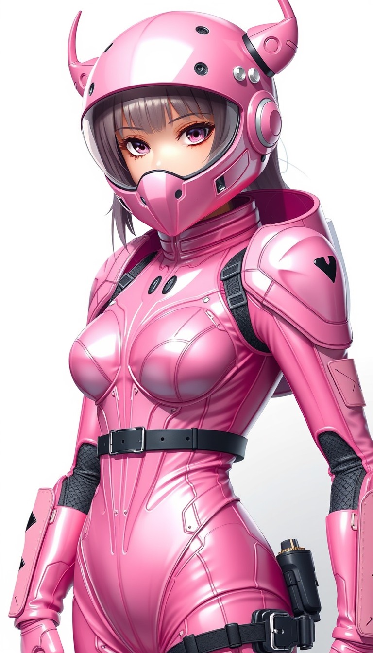 Ultra Detailed Character portrait, Pink space Armor bodysuit, female, anime style, super glamorous space female pirate, Pink Clothes made of shiny vinyl, Pink space bodysuit, A view from the waist up to the head, The background is a simple white color, cute Feel like a villain, Bizarre suits like space alien designs. - Image