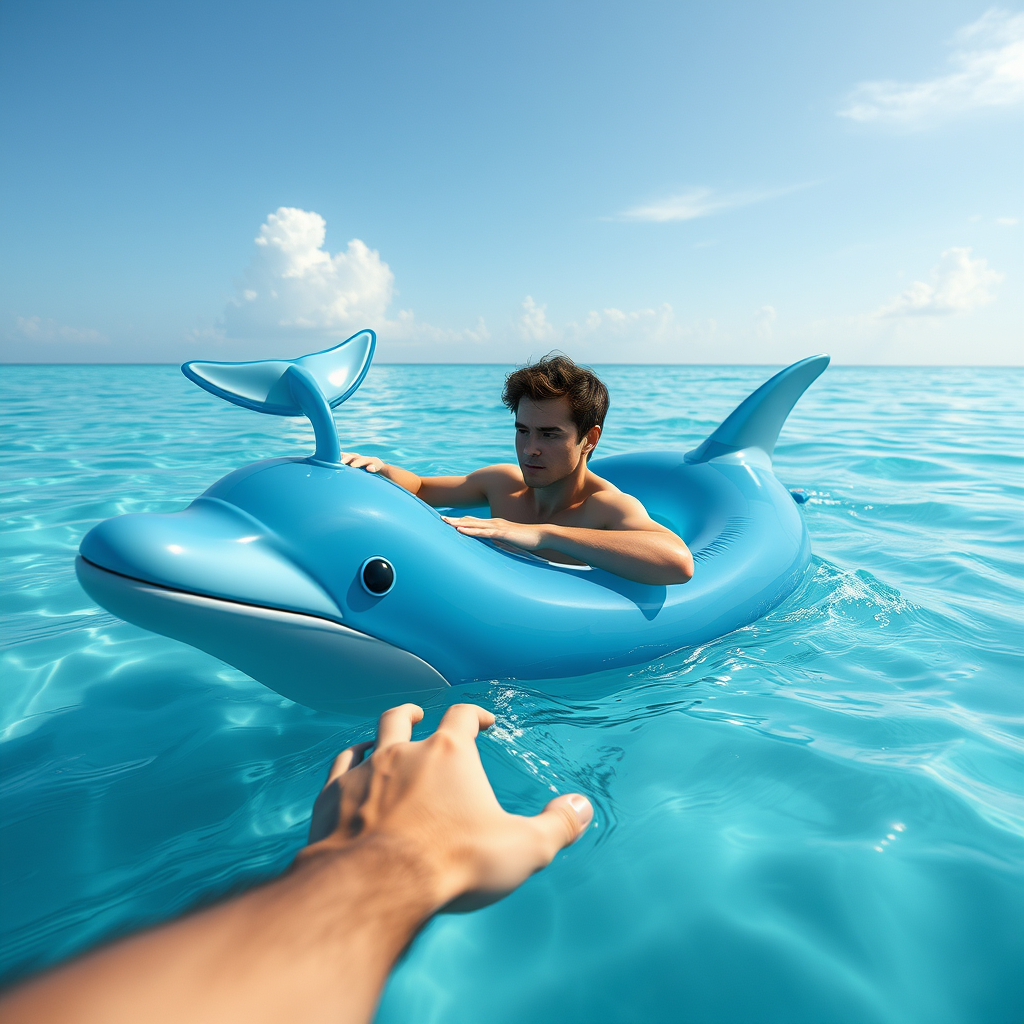 Realistic view of the Maldives, unreal engine 5, life simulator, he swims in the sea floating on an inflatable transparent blue dolphin, with fins and tail, he touches the inflatable close-up.