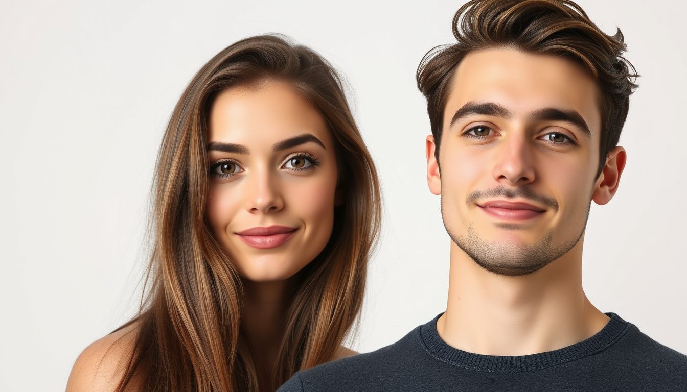 Handsome man and beautiful teenage woman couple from France with great hair, against a pure white background.