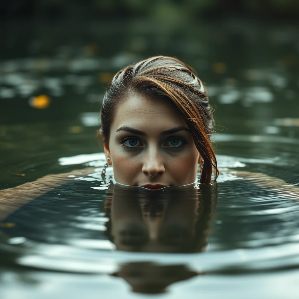 A closeup scene of a woman rising up from a pond face first but she has not yet broken the surface tension of the water.