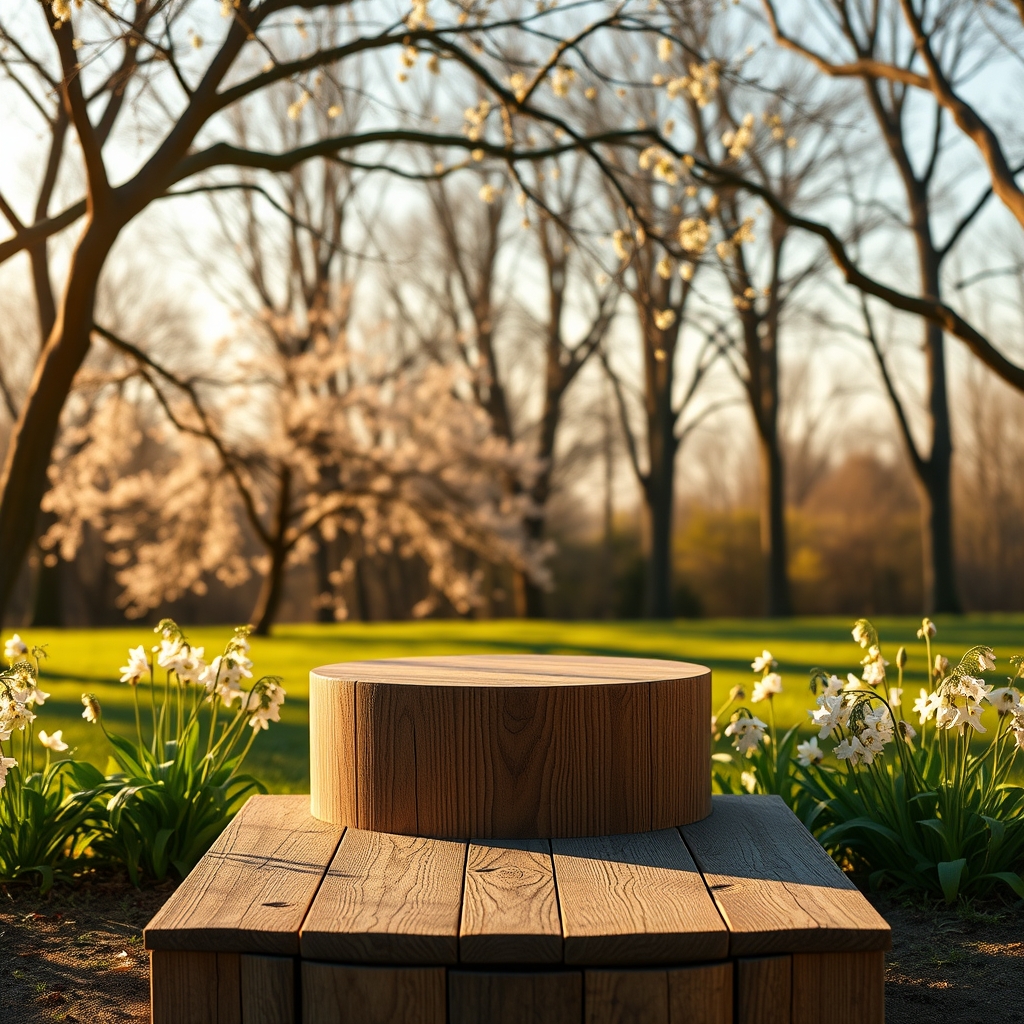 Charming Wooden Podium with Spring Background in Soft Afternoon Sun.