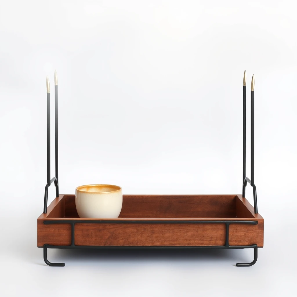 A tray with a simple structure, ingeniously combined with iron and wood materials, presenting charming colors of log color and champagne gold, placed in front of a white background --ar 16:9. - Image