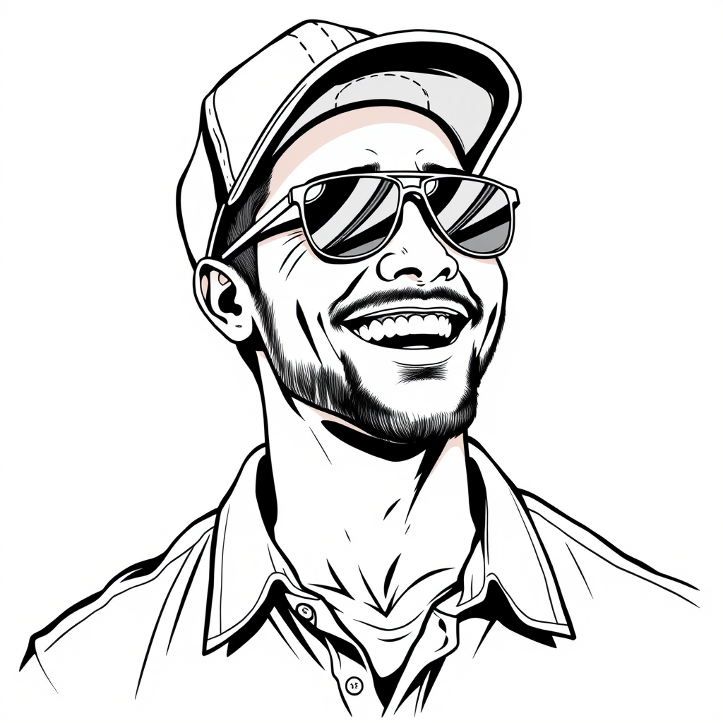 A cool black and white line drawing of a man around 35 years old, upper body, wearing a baseball cap, Asian, with black aviator sunglasses, a bit of facial hair, tough guy, in a shirt, with a well-defined face, muscular build, clean and fresh skin, laughing heartily after winning. - Image