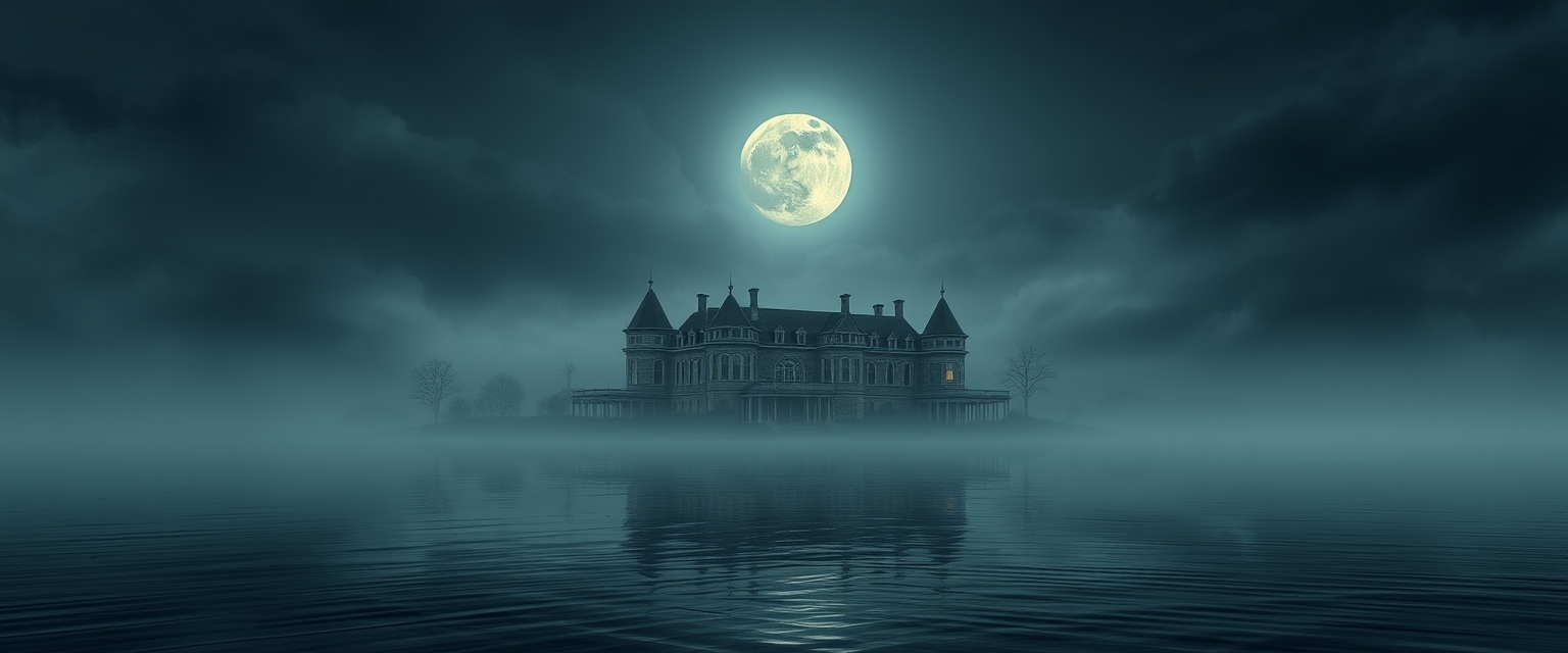 An ethereal mansion on the surface of a lake, under a foreboding full moon.