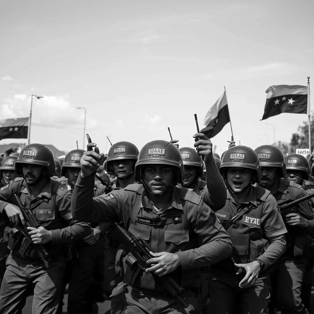 B&W photorealistic image of Venezuelan soldiers rounding up student demonstrators, make sure hands and faces are realistic and not deformed.