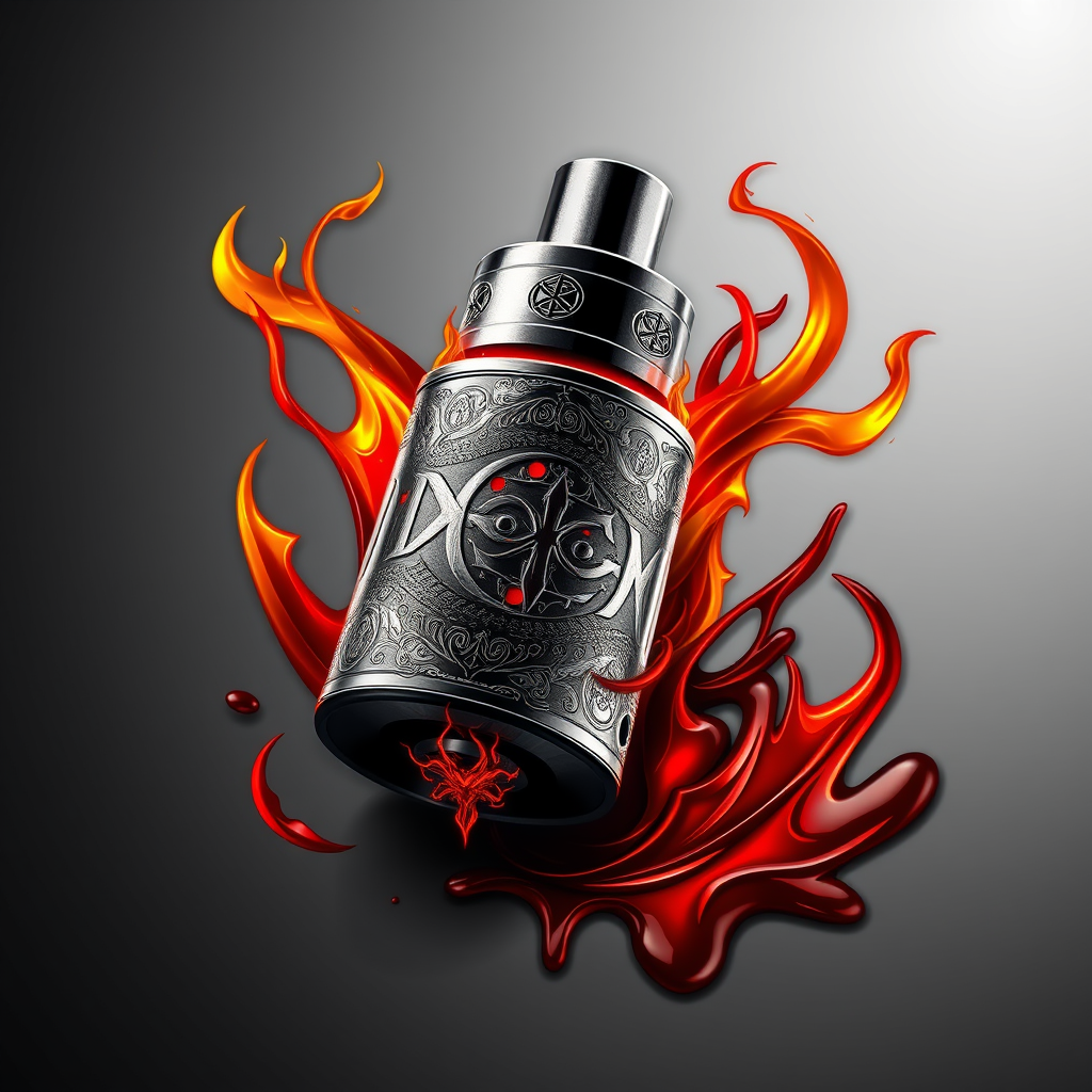 Hyper-realistic logo design for DoomVapes: Intricately detailed metallic vape tank, engraved with infernal motifs. Hellfire wisps curl around the device. Blood-red liquid seeps through cracks. Chthonic symbols etched on sleek surface.