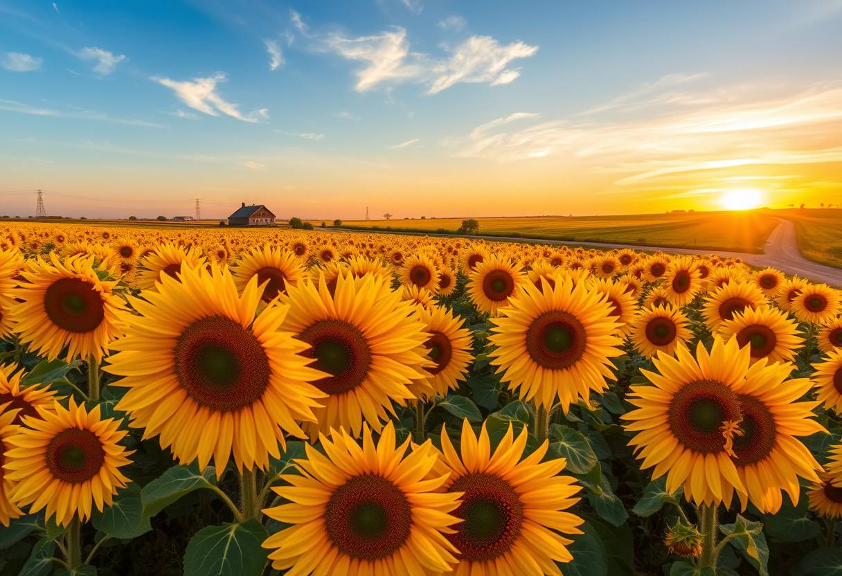 Vibrant, sunflower fields, golden blooms, high quality, photorealistic, summer, cheerful, idyllic, rural, panoramic, breathtaking, rural farmhouses, blue skies, windblown fields, rural roads, sunset, floral arrangements.