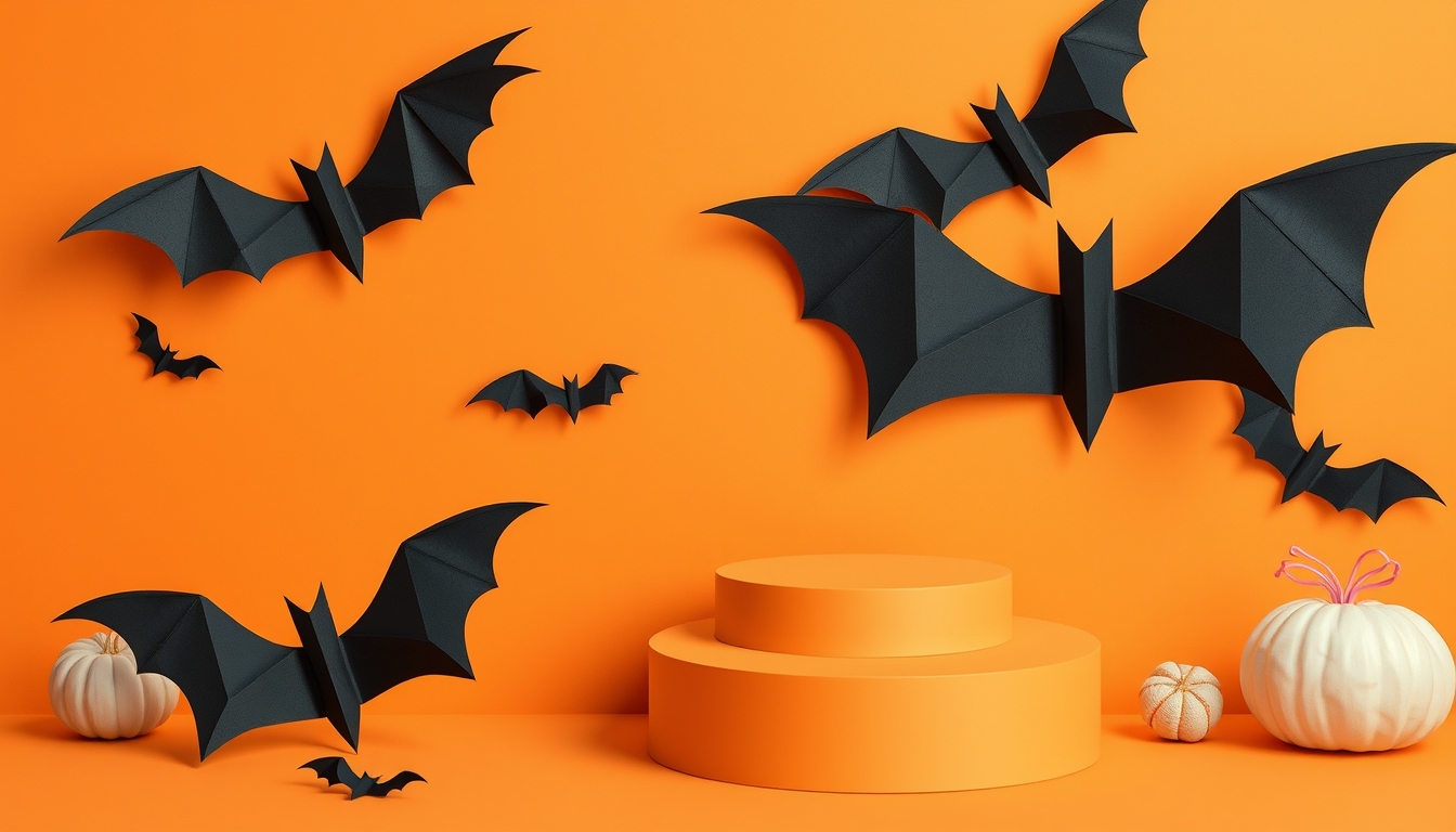 Creative Halloween composition with paper bats, podium and orange background. Suitable for Product Display and Business Concept. - Image