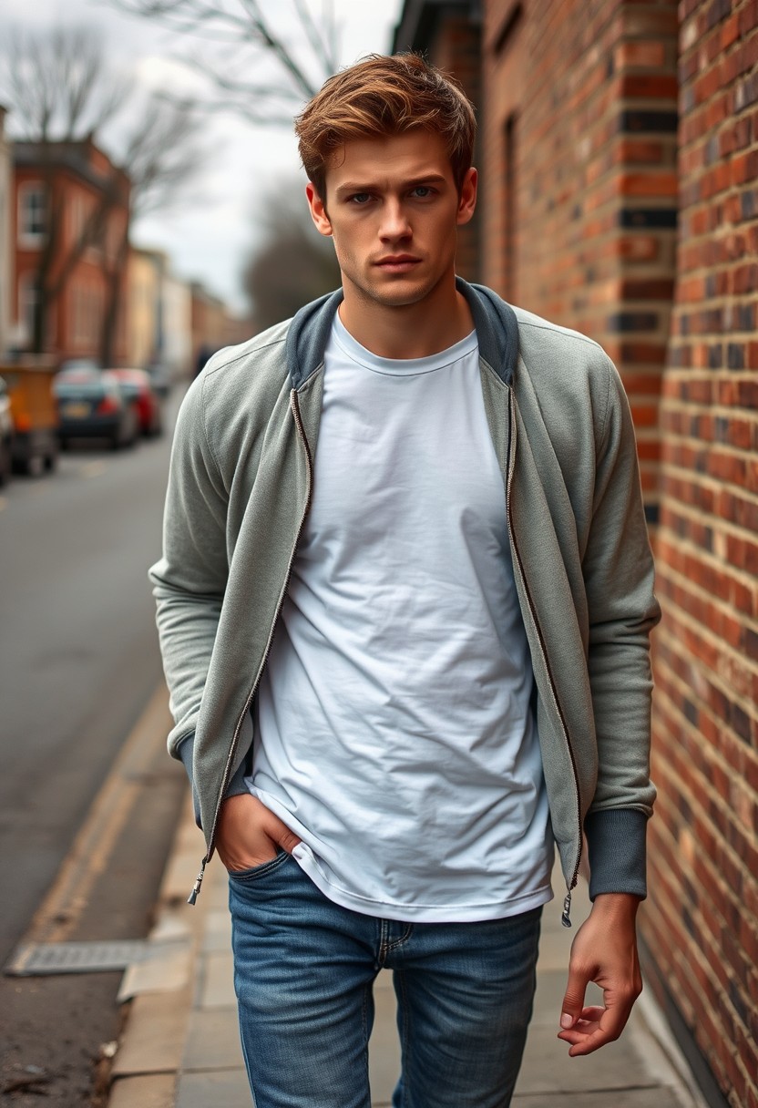 Jamie Dornan head and body shot, handsome, young, serious face, brown-haired, white T-shirt, college jacket, skinny jeans, sneakers, walking with hot style, near town road, hyper-realistic, street photography, brick wall, full body photo.