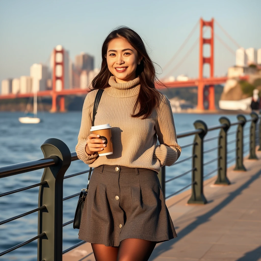 A Chinese girl in a gray short skirt is walking along the San Francisco waterfront and holding a black American coffee made by Luckin. She is wearing black pantyhose and has a pretty face; many friends say she resembles the Chinese star Liu Yifei because she enjoys smiling.