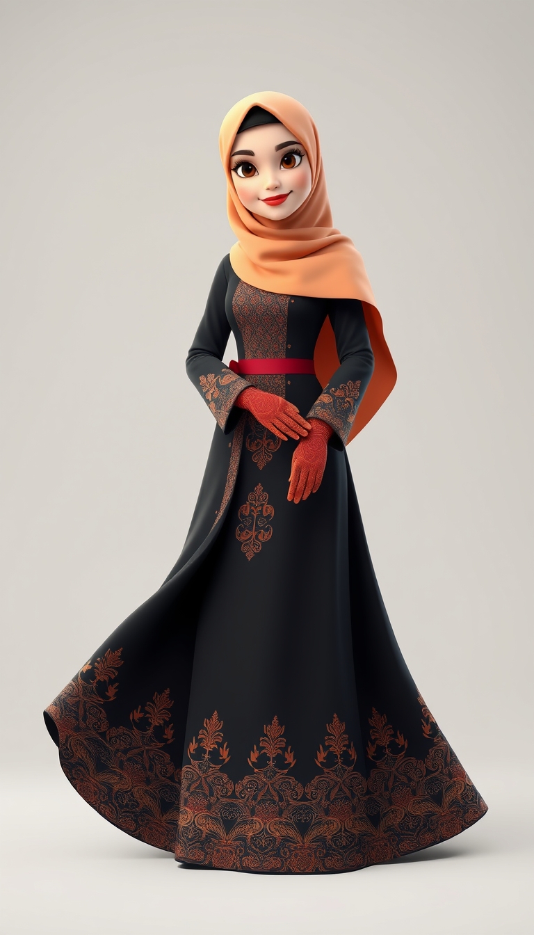 Create a 3D, 8K animated cartoon of a Muslim woman from Palembang wearing a long traditional songket dress. She should have her hands covered with batik gloves. The image should capture the elegance and cultural richness of the attire.