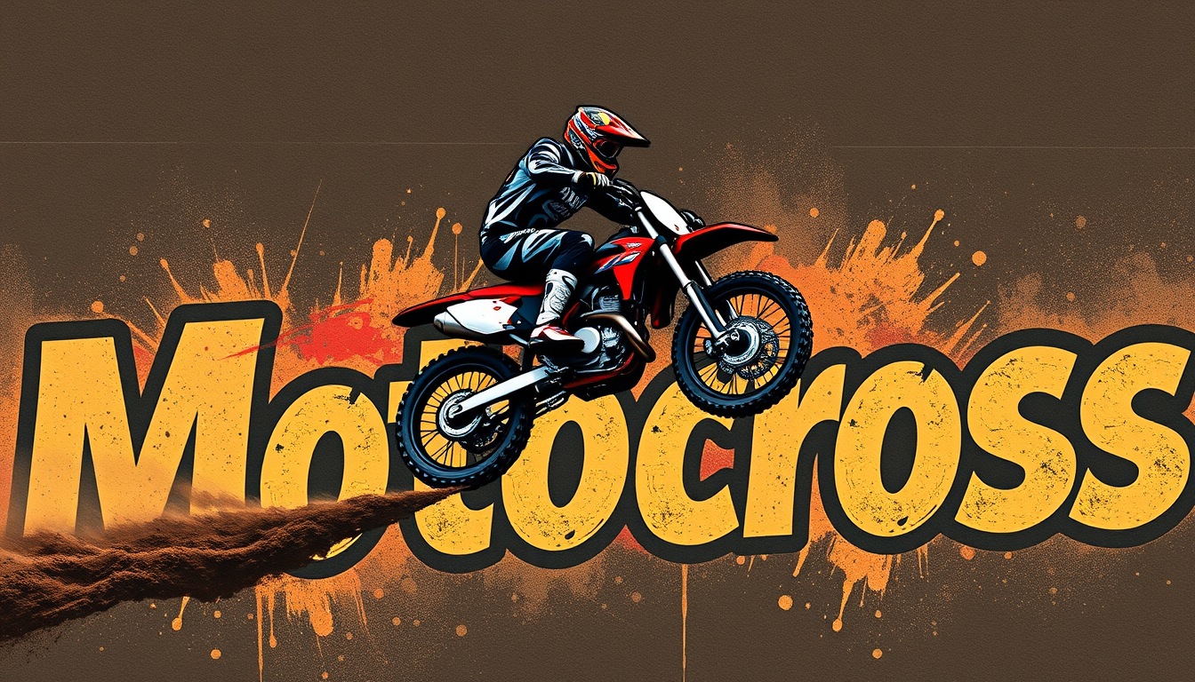 Professional art on the theme of motocross in the style of street graffiti, the image of a motorcycle racer jumping on a motorcycle in full gear is skillfully combined with the text "Motocross" in the background. - Image