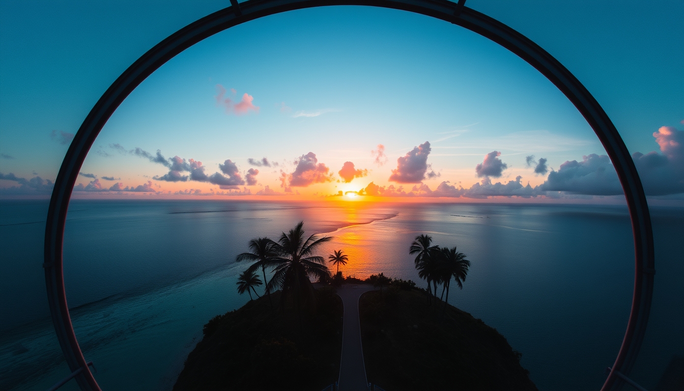 A breathtaking sunset viewed through a giant glass dome on a tropical island. - Image